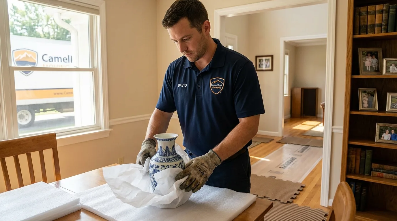 Professional crew carefully wrapping antique vase for senior downsizing move in Pearl, MS